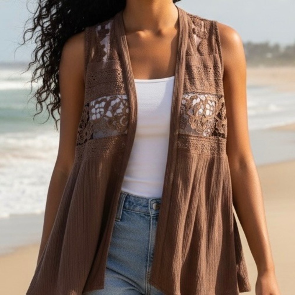Umgee Brown Lace Inset Open Front Vest Boho Gauze Sleeveless Cardigan Womens Sm